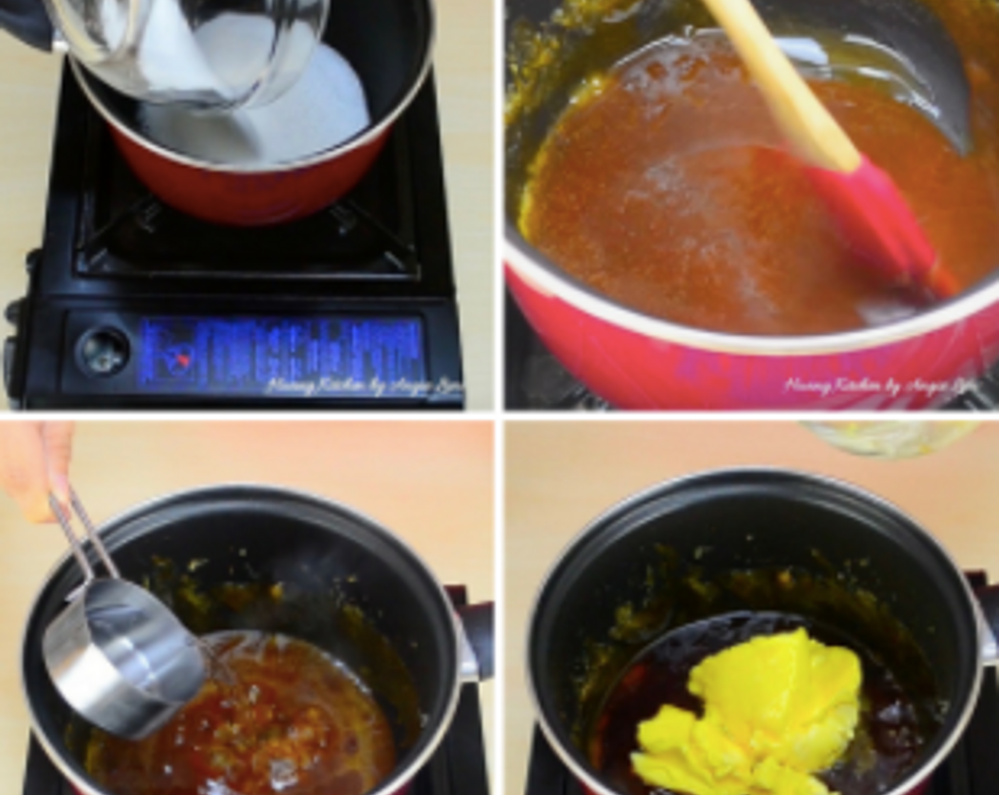 step 1 Over low heat, gently boil sugar in a saucepan until it melts completely and turns golden brown in colour. Then add in Water (4 Tbsp) and Margarine (3/4 cup) into the caramel.