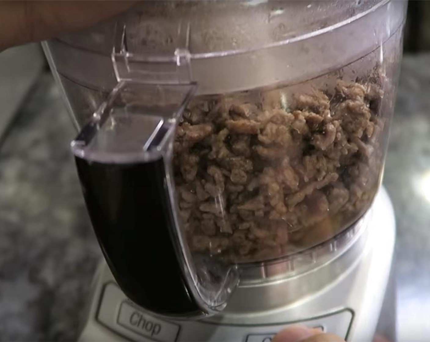 step 3 Blitz the meat a few times in the food processor to break up the meat into a finer texture.  Place the meat back into the skillet and finish it off with Taco Seasoning (1 pckg) and water.