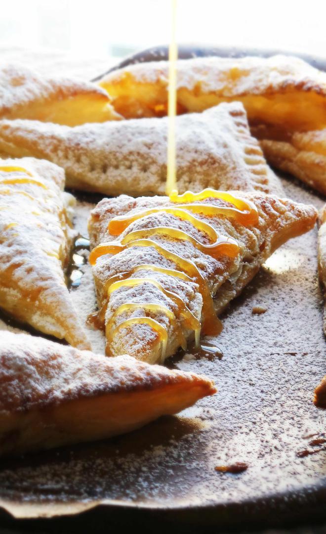 Easy caramel apple turnovers recipe using store-bought puff pastry.