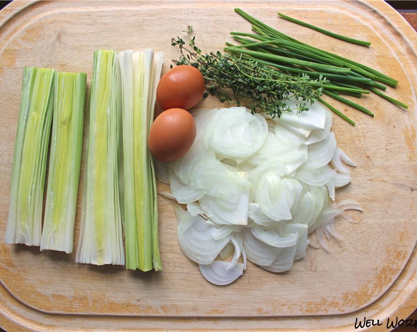 step 1 Julienne the Sweet Onion (1). Clean and slice the Leeks (2). Finely chop the Fresh Thyme (1 Tbsp) and Fresh Chives (2 Tbsp). Dice the Pancetta (1/2 cup).