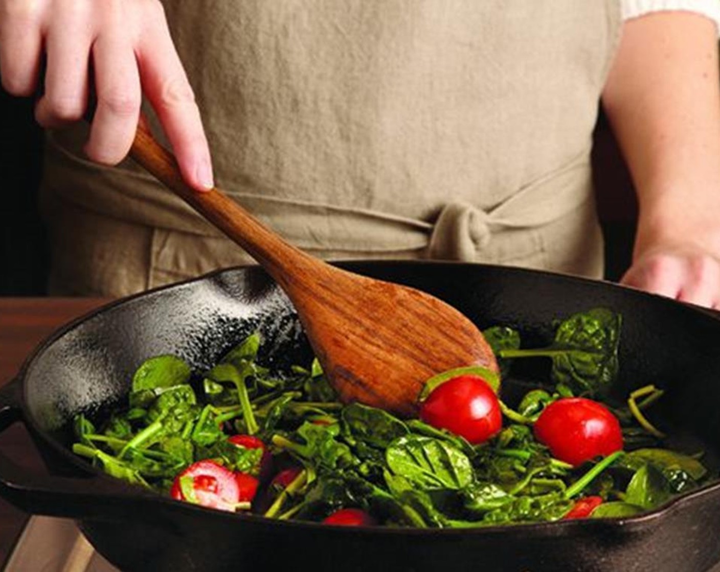 step 3 Pour all the bacon fat out of the skillet except 1 tablespoon. Add the Fresh Baby Spinach (3 3/4 cups) and Cherry Tomatoes (4 Tbsp) and cook over medium heat, stirring a few times, until the spinach wilts and the tomatoes heat through.