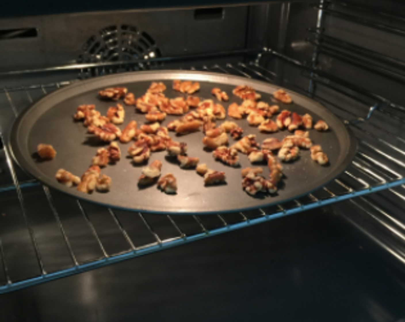 step 3 Then, toast the walnuts in an oven preheated to 180 degree C (350 degrees F) for about 8 to 10 minutes until they are nicely brown. Toasting brings out the flavor of the nuts.
