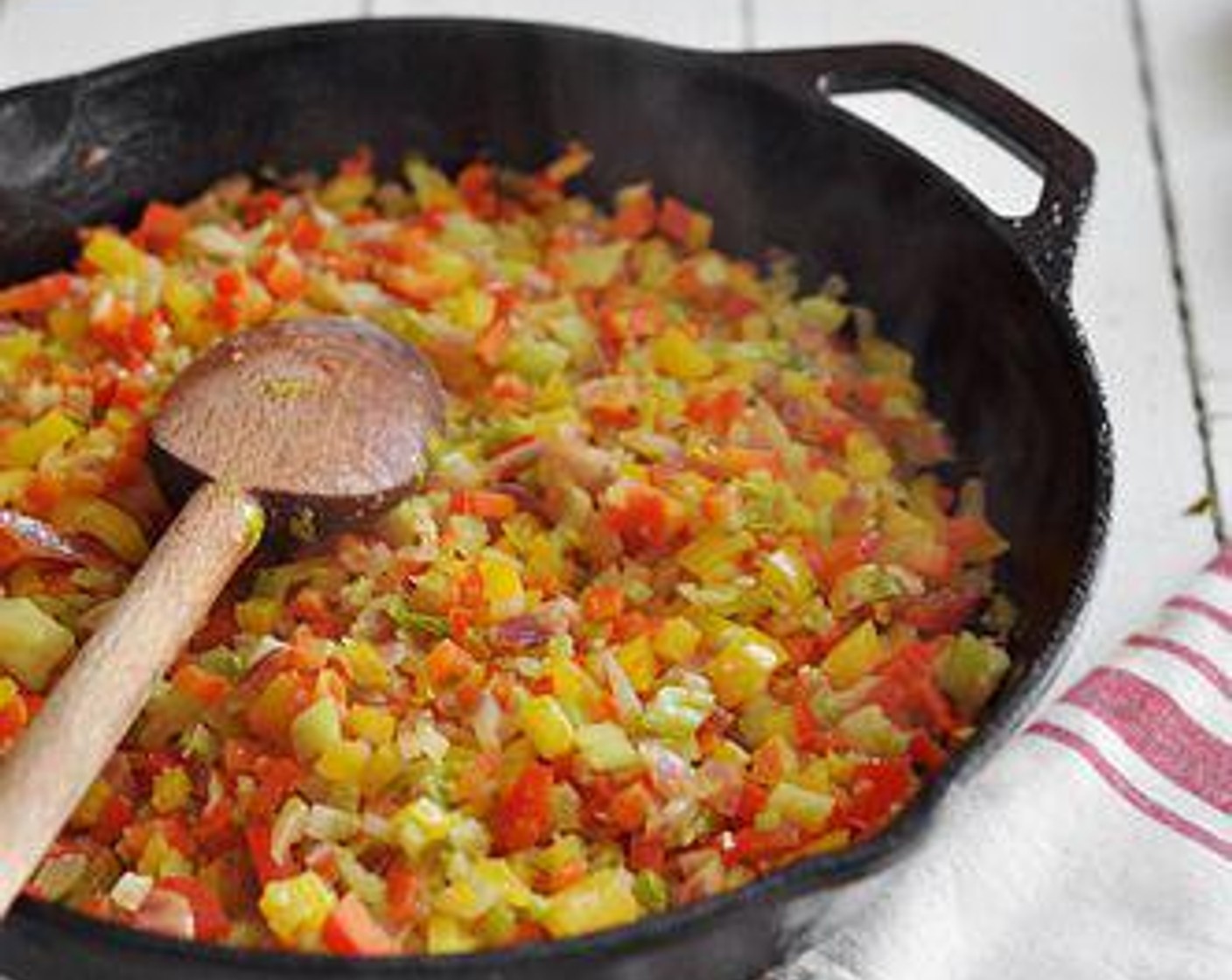 step 6 Cook about 5 to 8 minutes, until the veggies are soft. Season with salt, black pepper, Worcestershire Sauce (1 Tbsp), Hot Sauce (to taste), and Old Bay® Seasoning (2 tsp). Cook a few minutes longer. Remove from the heat, transfer to a bowl